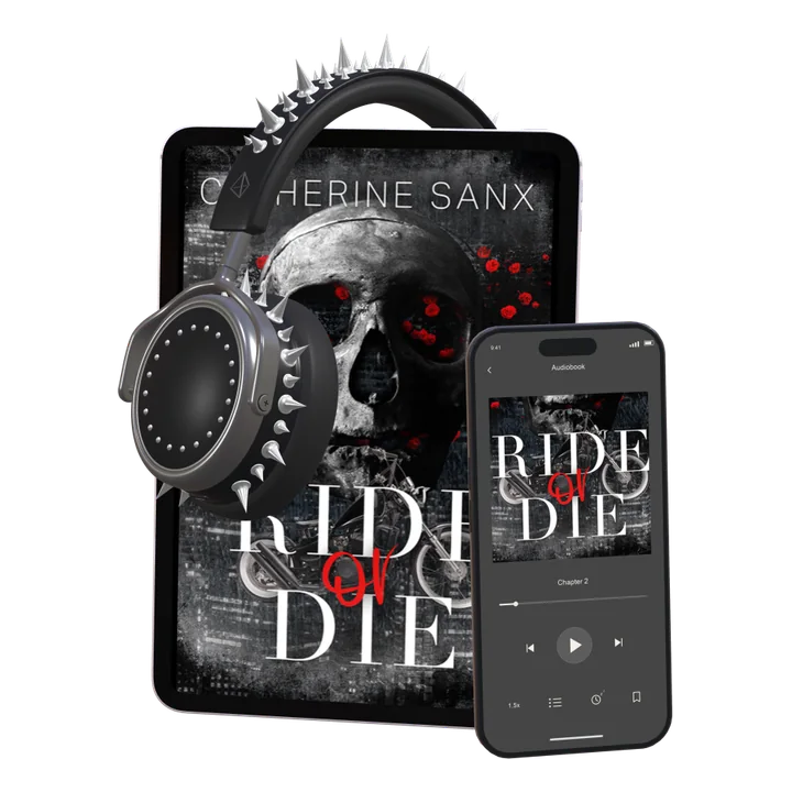 Audiobook mockup, a tablet wearing spiked headphones beside a phone playing the book