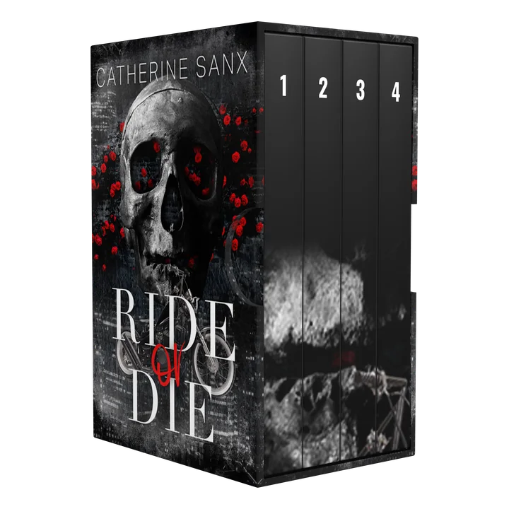 Four-book box set mockup with the cover facing left and the spines running away to the right