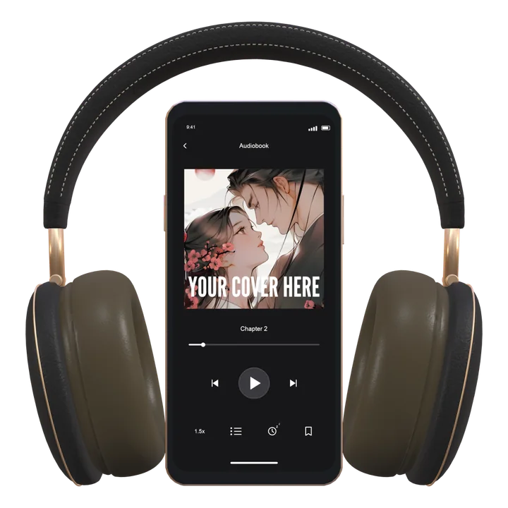 Audiobook mockup, a phone playing the book between a pair of headphones