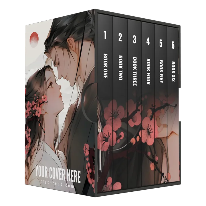 Six-book box set mockup with the cover facing left and the spines running away to the right