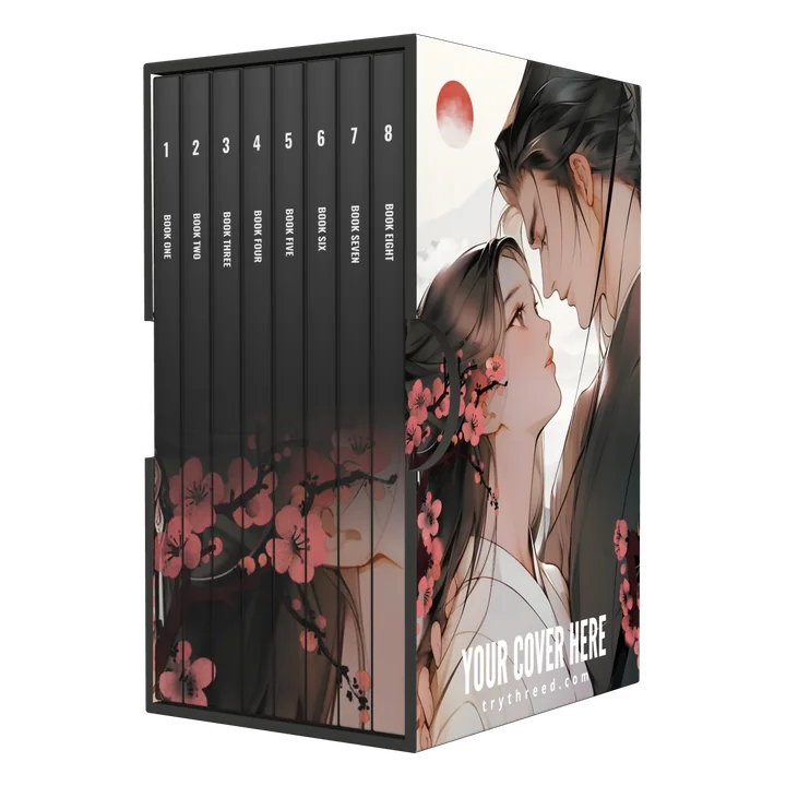 Eight-book box set mockup with the spines on the left and the cover facing right